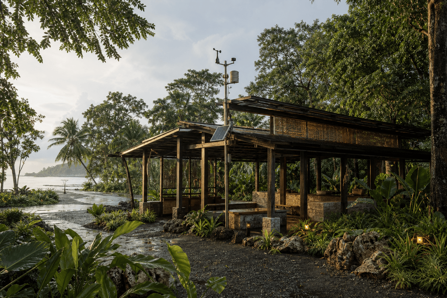 A proposed open-air island gateway set between dense tropical forest and a calm lagoon
