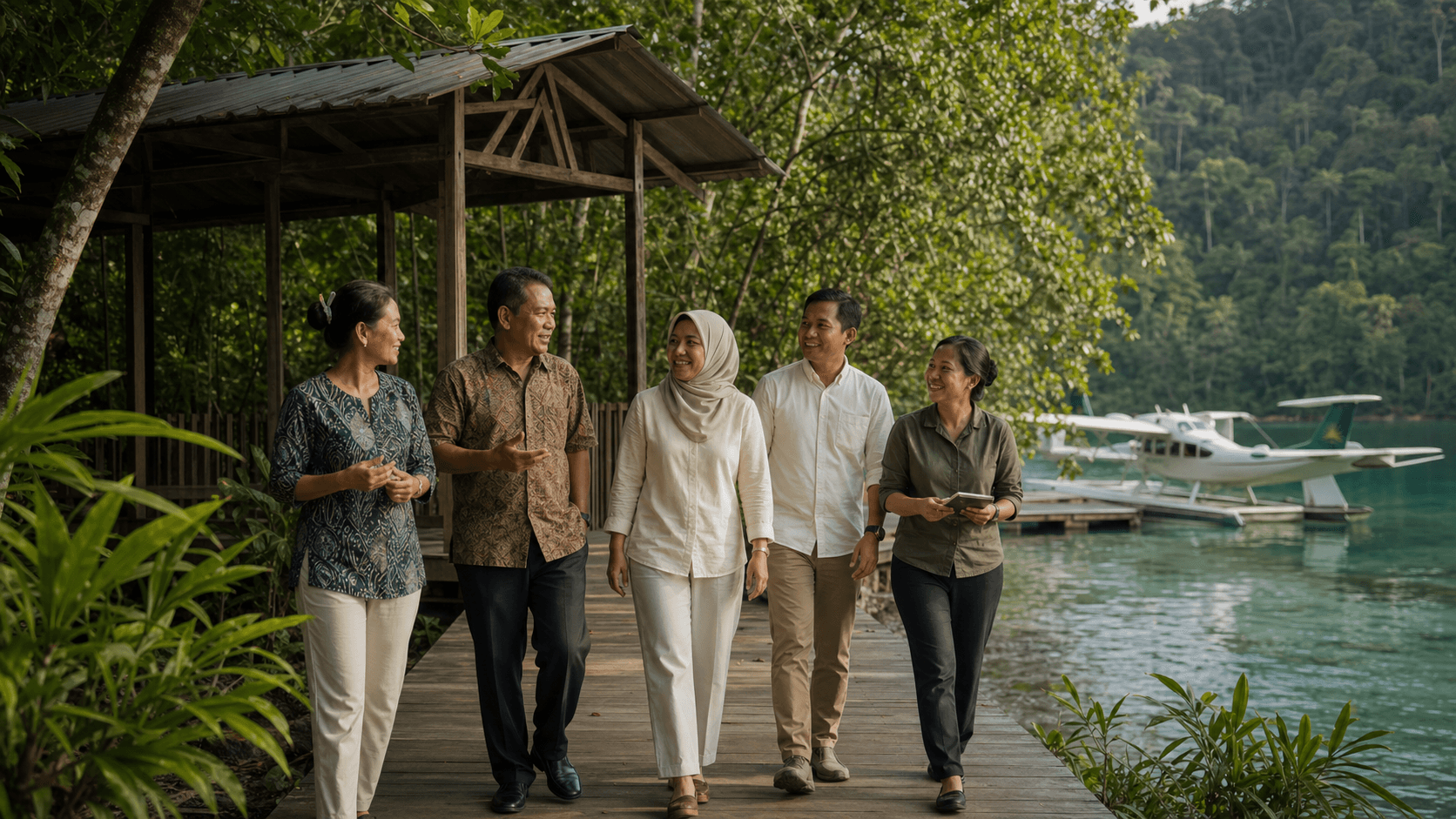 The people shaping a proposed island airline beside a tropical lagoon and amphibious aircraft